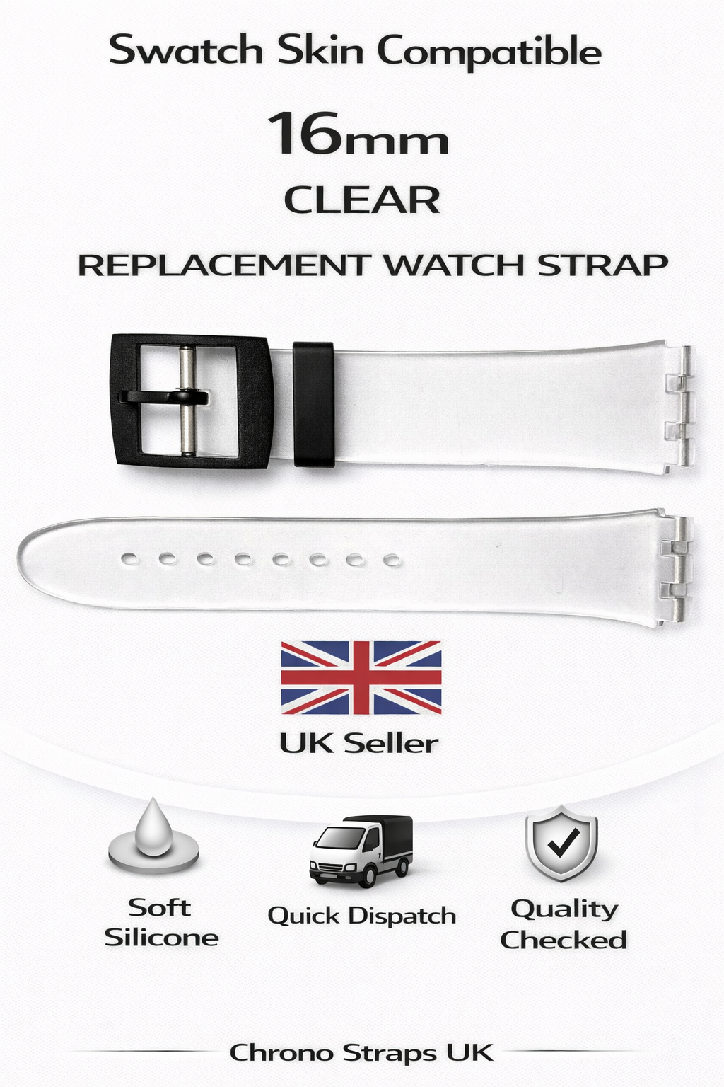Swatch Skin Compatible 16mm (19mm) Clear Replacement Watch Strap with Pins