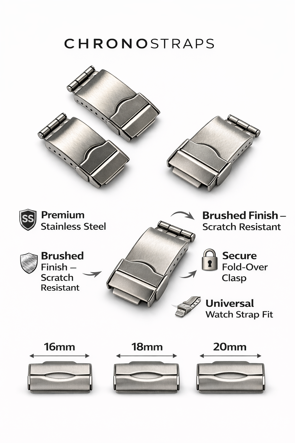 Stainless steel watch clasp deployment buckle 16mm 18mm 20mm replacement strap clasp