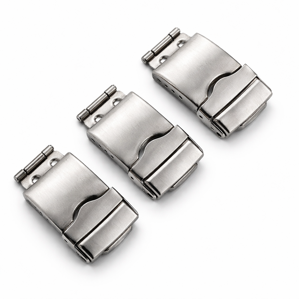 Premium stainless steel watch clasp with fold over deployment buckle secure lock design