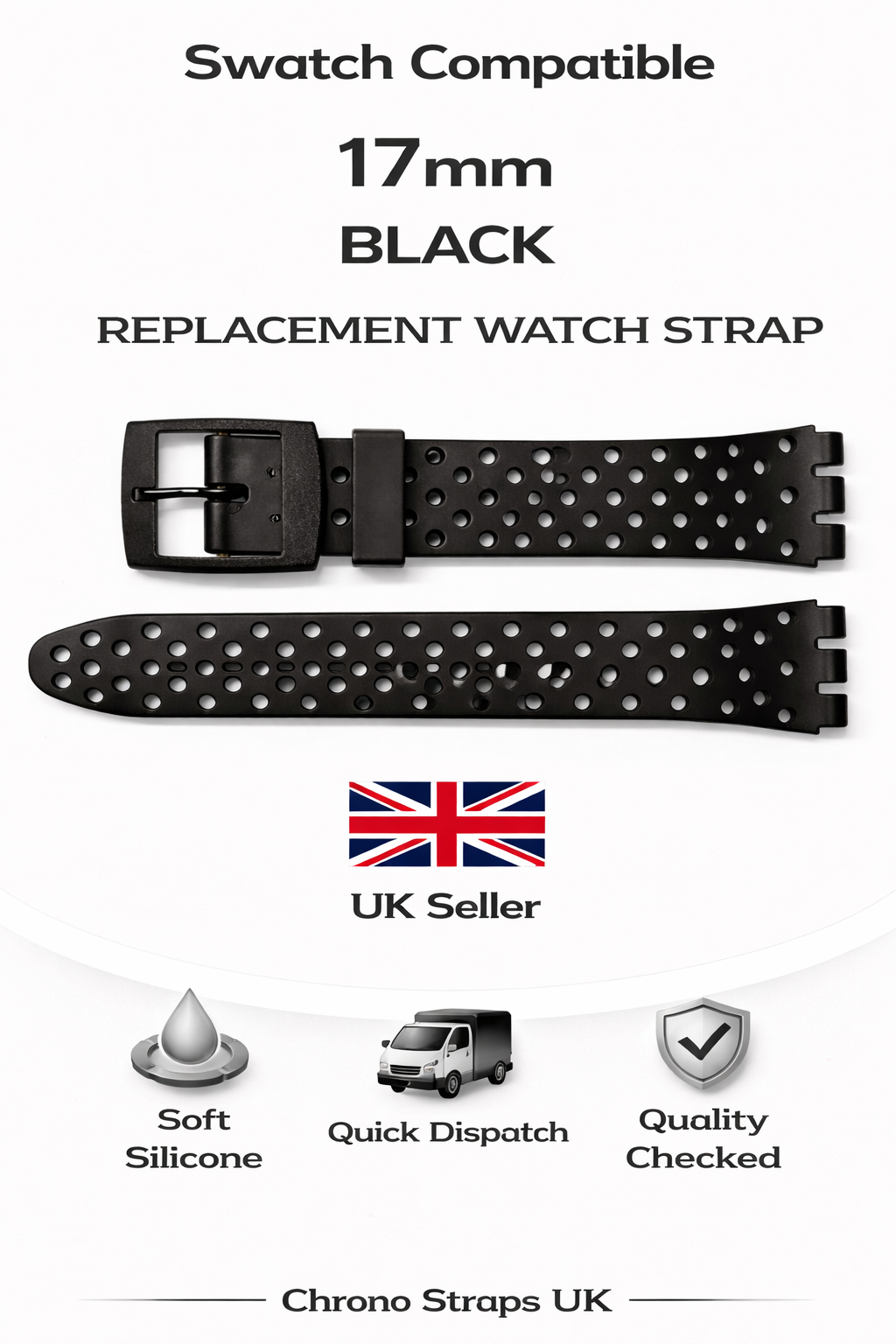17mm (20mm) Swatch Compatible Racing Black Replacement Watch Strap
