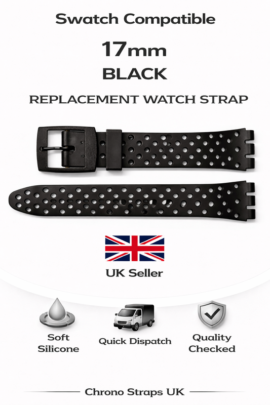 17mm (20mm) Swatch Compatible Racing Black Replacement Watch Strap