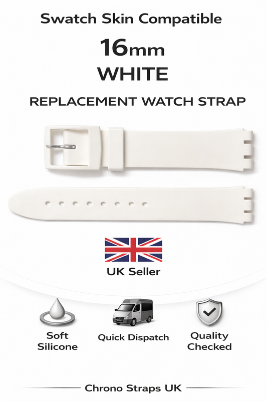 16mm (19mm) Swatch Skin Compatible White Replacement Watch Strap