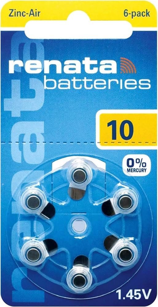 Renata hearing aid batteries – zinc-air 1.45V – 6-pack sizes 10, 13, 312, 675