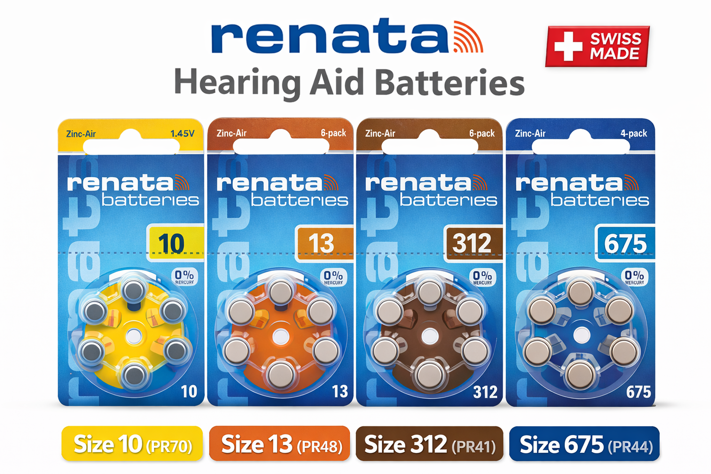 Renata Hearing Aid Batteries 10 13 312 675 PR70 PR48 PR41 PR44 | Pack of 6 Zinc Air