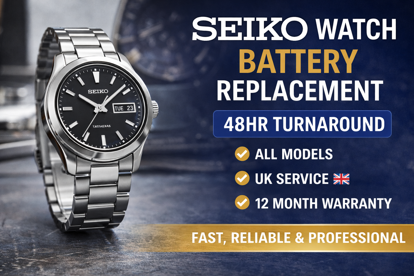 Seiko Watch Battery Replacement Service UK | Renata Premium Gold | Postal | 48hr Return