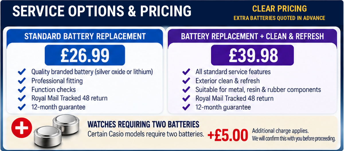 Casio G-Shock battery replacement pricing from £26.99 or £39.98 with Clean and Refresh, plus £5 for watches requiring two batteries.
