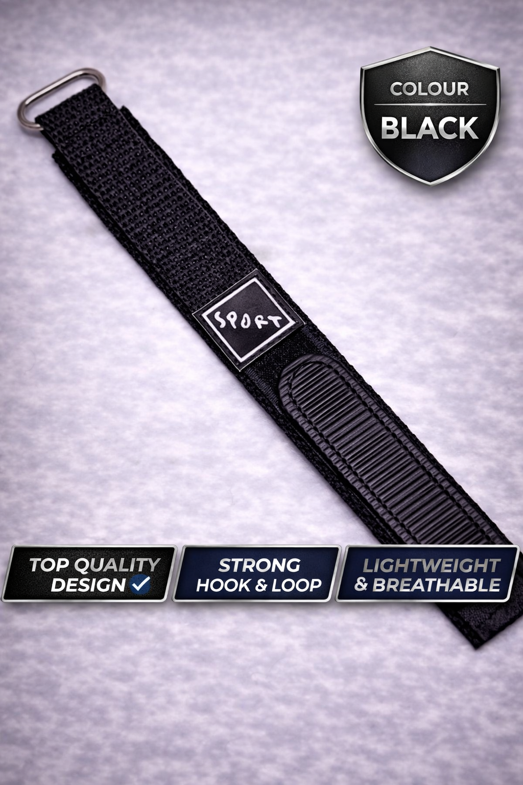Sport Hook & Loop Nylon Watch Strap - Black