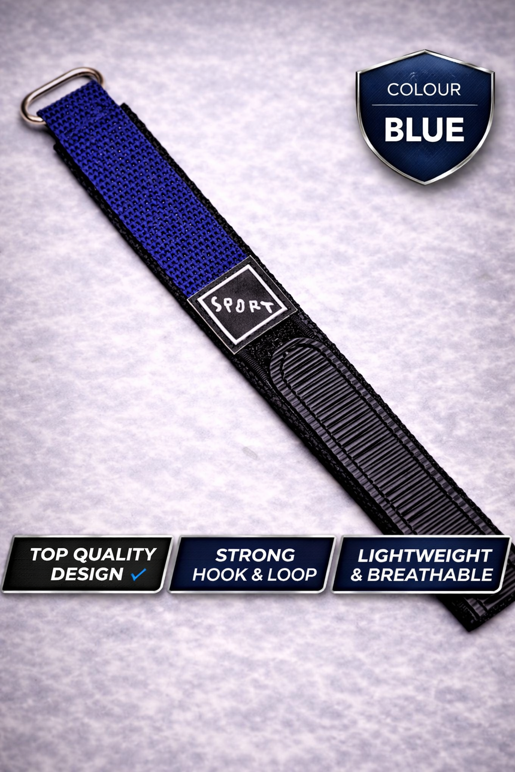 Sport Hook and Loop Blue Strap - 14mm, 16mm, 18mm. 20mm in Black, Blue, Green