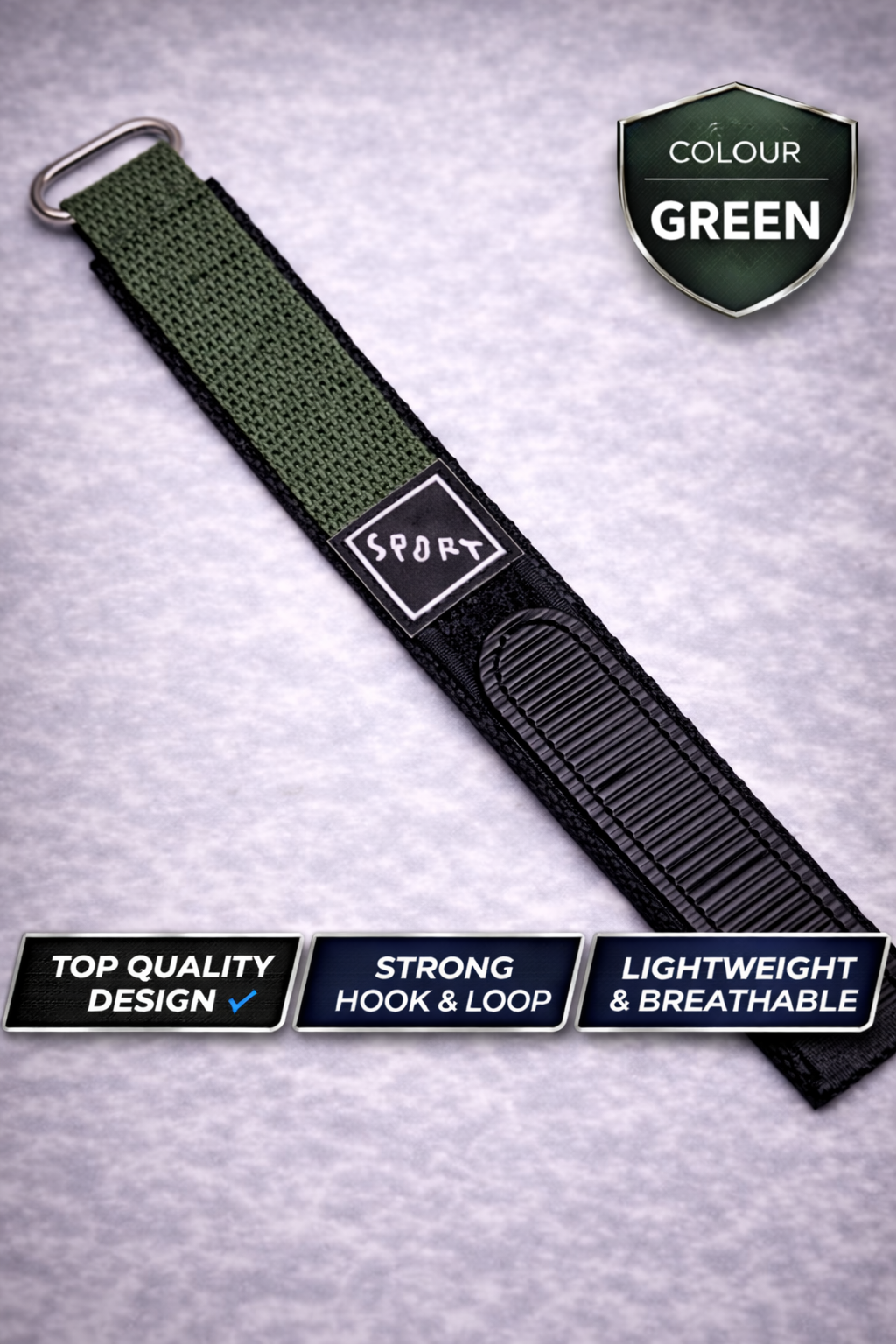 Sport Hook and Loop Green Strap - 14mm, 16mm, 18mm. 20mm in Black, Blue, Green