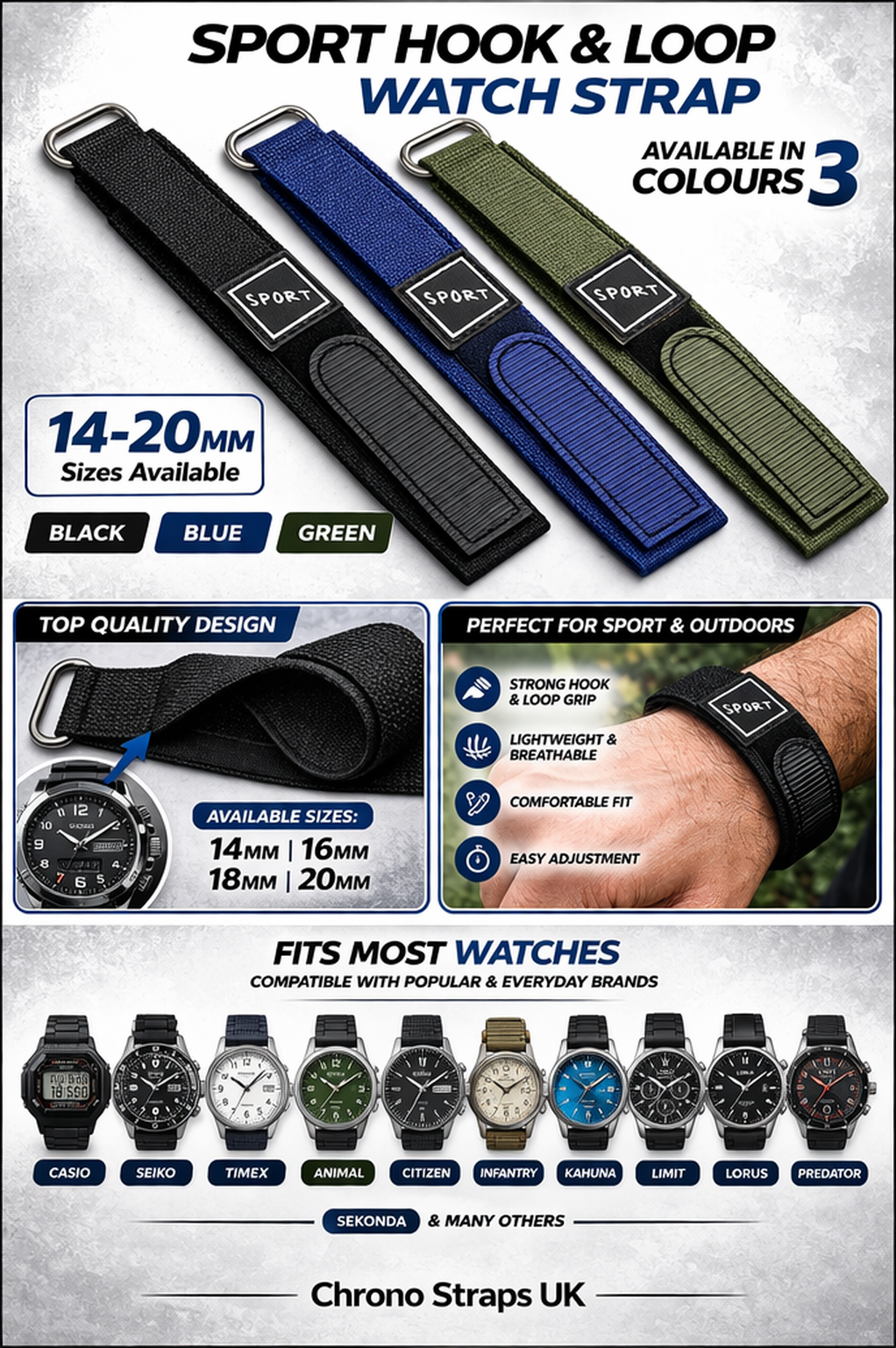 14mm-20mm Sport hook & loop watch strap with colour options and compatibility details.