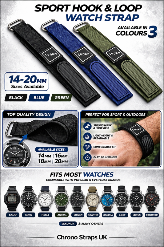 14mm-20mm Sport hook & loop watch strap with colour options and compatibility details.