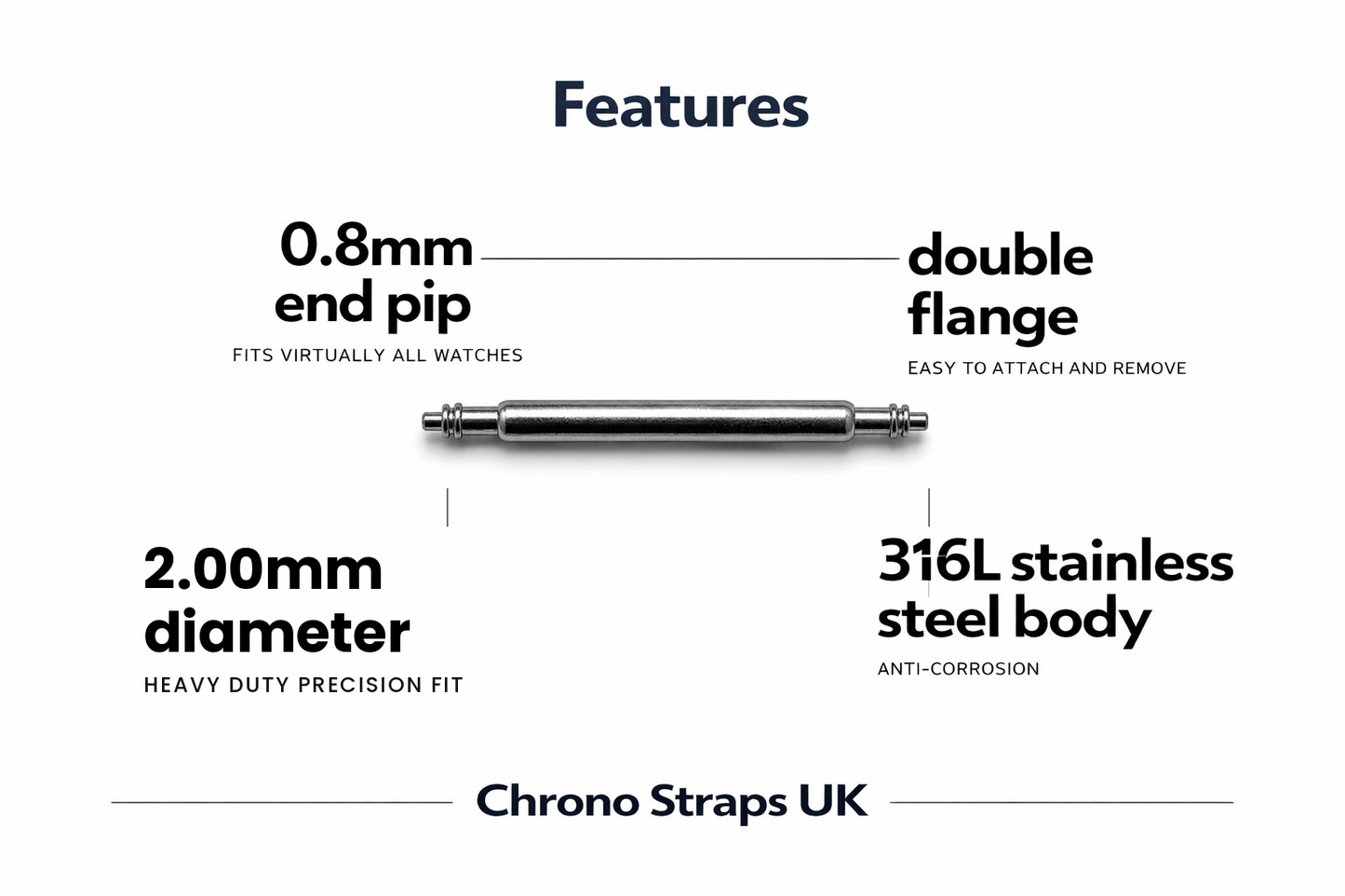 2.0mm diameter double flanged spring bar diagram for dive watches