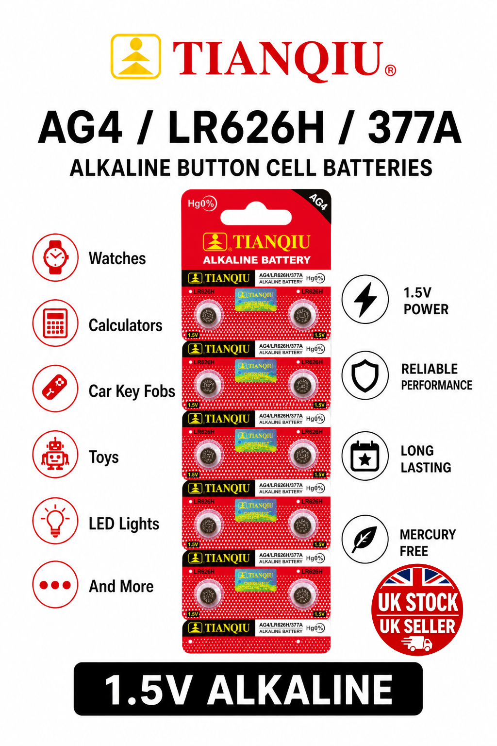 Tianqiu AG4 LR626 LR626H 377 377A SR626SW Watch Batteries – Pack of 10 20 30 50